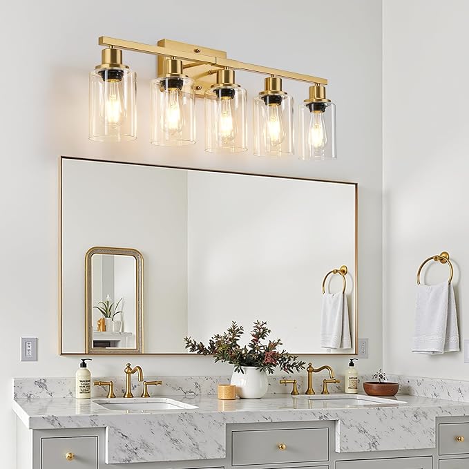 MOKATNG 5-Light Bathroom Light Fixtures, Vanity Light with Clear Glass Shades, Brushed Gold Bathroom Light Fixtures Over Mirror, Modern Bathroom Wall Lamp for Mirror Living Room Cabinet Bedroom