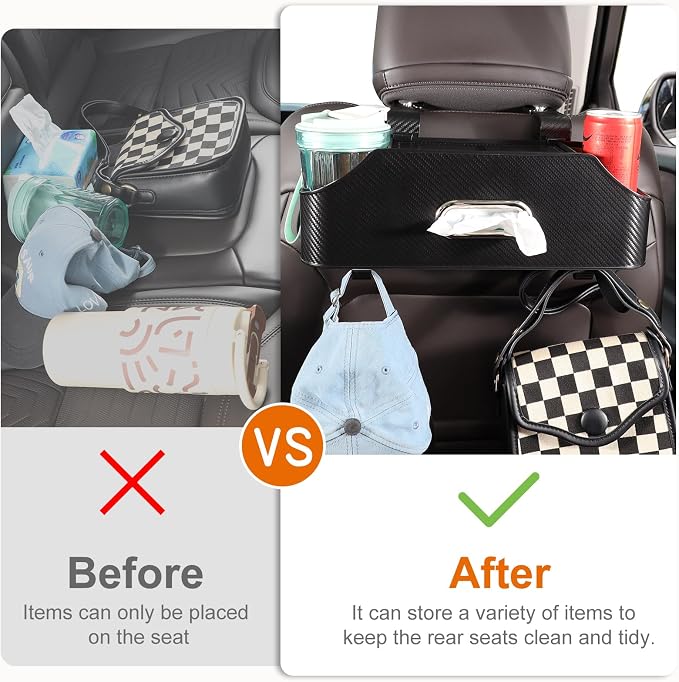 Car Rear Backseat Extra Multifunctional Drink Cup Holder Organizers with Tissue Storage Box Organizer & Hooks for Car Seat Back. Imitation Carbon Fiber