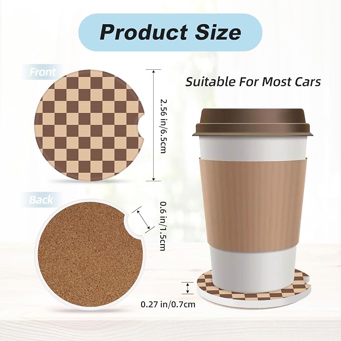 Brown Checkered Car Coasters for Cup Holders,2 Pack Car Cup Holder Coasters for Car,Ceramic Absorbent Car Coaster with A Finger Notch and Cork Base,Car Interior Accessories for Women Men