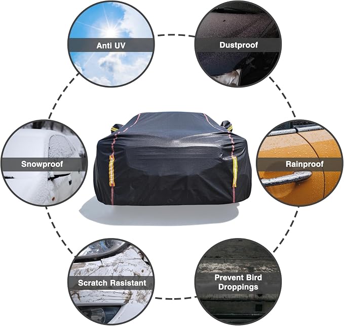 Car Cover Waterproof All Weather, 6 Layers Full Exterior Covers with Zipper Cotton, Mirror Pocket. Outdoor Car Cover UV Snow Rain Wind Dust All Weather Outdoor Protection for Sedan (190-195 inch)