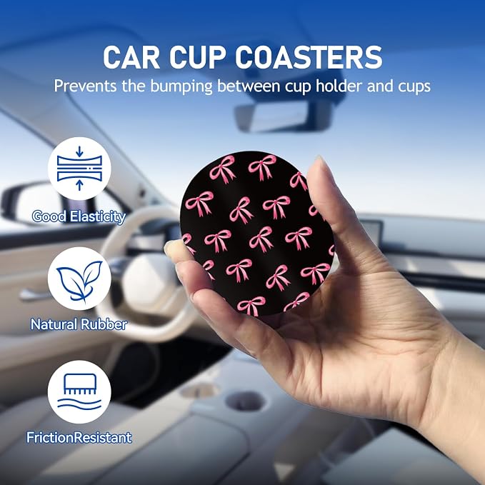 Car Coasters for Cup Holders, Car Cup Holder Coaster, Cute Car Accessories for Women Interior, 2 Pack 2.75" Anti Slip Silicone Cup Mat - Black Pink Ribbon Bow (Black Bows)