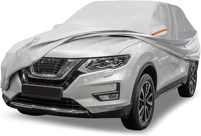 Silver Tone Heavy Duty Waterproof Car Cover for SUV 182"-190" - All-Weather UV Protected Outdoor Full Exterior Cover with Sun/Snow/Rain Resistance