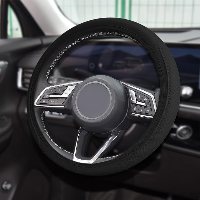 Car Steering Wheel Cover, Universal 14.5-15 Inch Beige Leather Steering Wheel Wrap with Better Sport Grip for Men Women, Anti-Slip Breathable Car Interior Accessories for Most Vehicles (Black2)