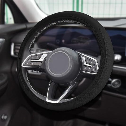 Car Steering Wheel Cover, Universal 14.5-15 Inch Beige Leather Steering Wheel Wrap with Better Sport Grip for Men Women, Anti-Slip Breathable Car Interior Accessories for Most Vehicles (Black2)