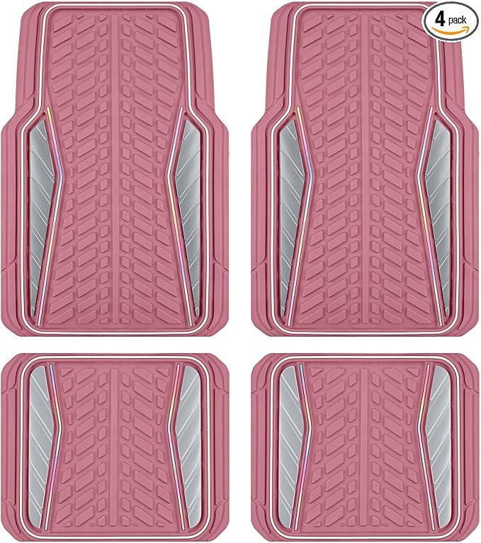 PIC AUTO All Pink Car Floor Mats, Aluminum-Molded with Full-Circle Iridescent Inlay Strip Car Mats, Universal-Fit Rubber Mats for Cars, Trucks & SUVs, All-Weather, Non-Slip, Easy-to-Clean Interior Mat