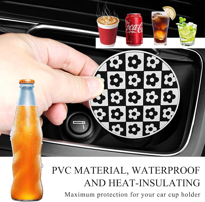 DXNQ 4 PCS Car Cup Coasters, 2.76 Inch Anti-Slip Checkered Vehicle Cup Holder Insert Coasters, Auto White & Black Drink Cup Mats for Front Console Cup Holders, Car Accessories (Flower)