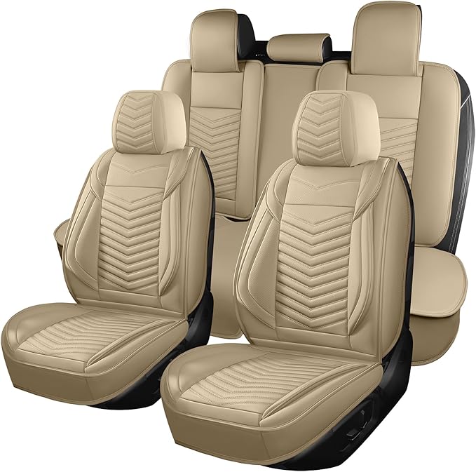 HChengkikz Nappa Leather Car Seat Covers Full Set, Beige Car seat Protector 5 Seats, Waterproof Car Seat Cushion, Universal Automotive Seat Covers Fit for SUV Truck Pick-up Sedan, Front and Rear | Easy Maintenance, Airbag Compatible, Universal Fit For ...
