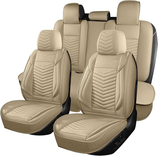 HChengkikz Nappa Leather Car Seat Covers Full Set, Beige Car seat Protector 5 Seats, Waterproof Car Seat Cushion, Universal Automotive Seat Covers Fit for SUV Truck Pick-up Sedan, Front and Rear | Easy Maintenance, Airbag Compatible, Universal Fit For ...