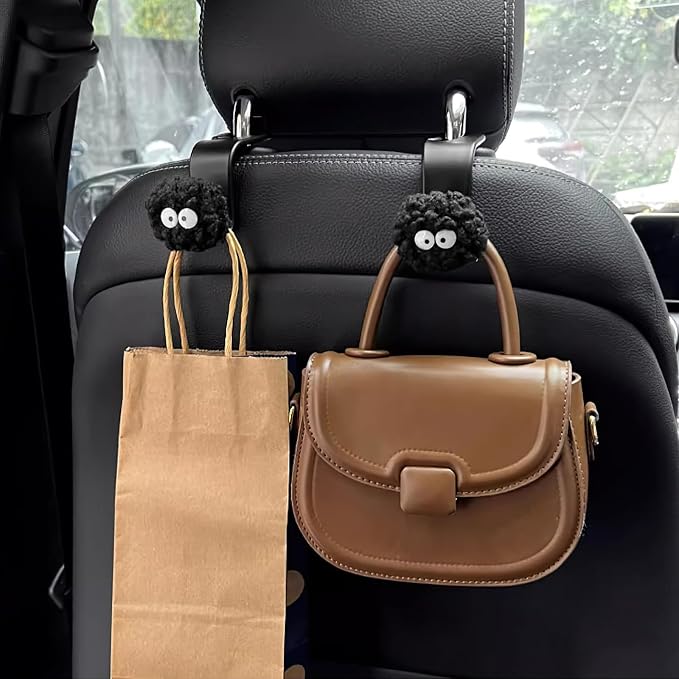 Car Seat Headrest Hook, Soot Sprites Purse Hook Holder Cute Car Storage Organizer Universal Vehicle Hanger for Hanging Handbag Grocery Bags (4 Pack)