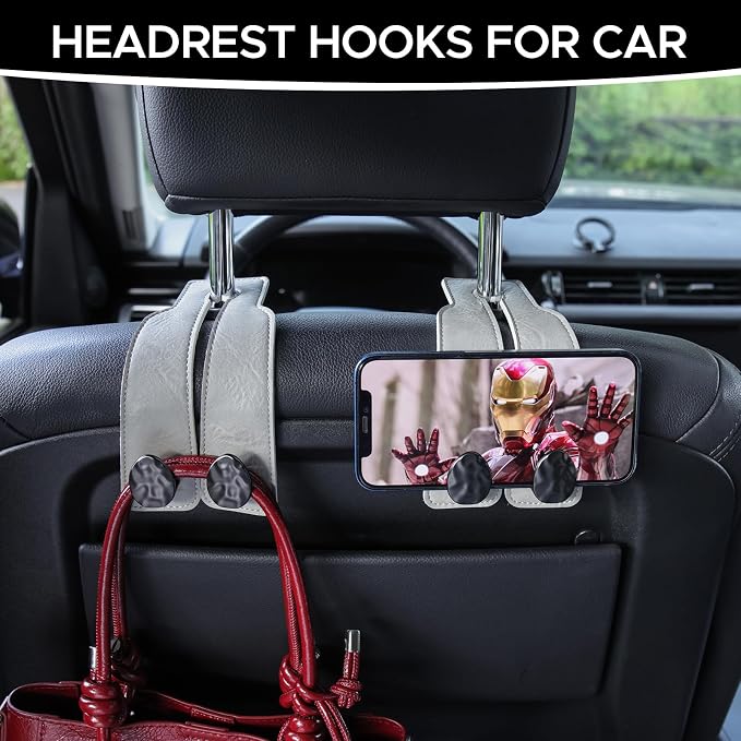 Leather Car Purse Hook for Headrest, 2 Pack (Grey-Black) | Twin Hooks Headrest Hangers, 2/4 Pack, No-Slip, Scratch-Proof, Holds Purses, Backpacks, Grocery Bags, Car Organizer Gift