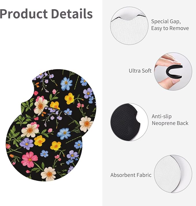 Wildflower Car Steering Wheel Cover - Multicolor Wildflower Steering Wheel Cover Anti-Slip Breathable Universal for 15 in 2 Pcs Car Interior Cup Holder Pad for Men Women