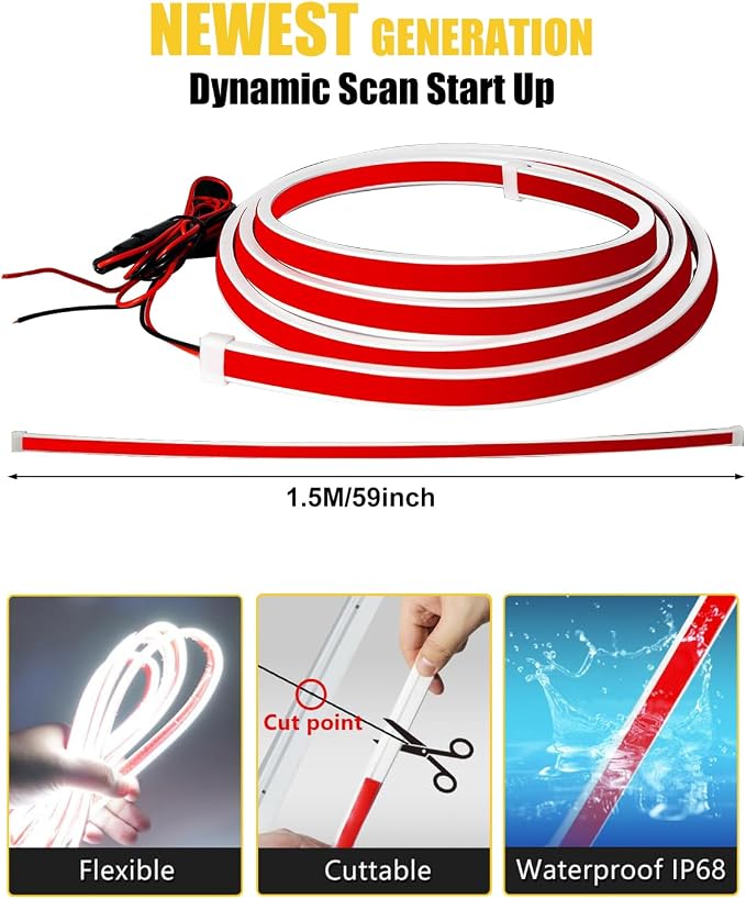YM E-Bright Led Hood Light Strip Exterior Car Led Strip Light Waterproof Flexible DRL Dynamic Scan Start Up Hoodbeam Kit Daytime Running Lights for Car,Truck,SUV,12V 59inch,White,1 Set