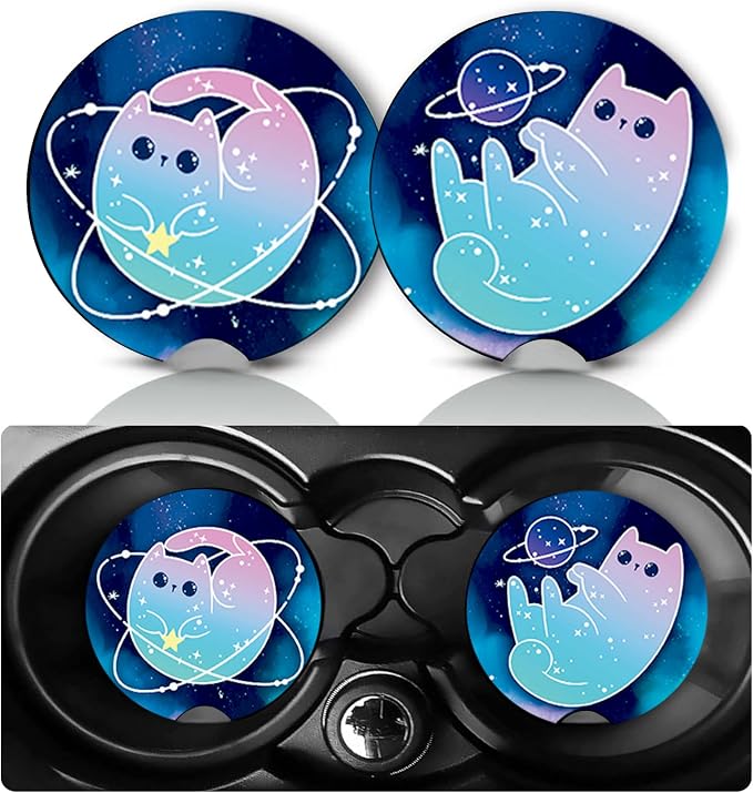 2 Pack Space Cat Car Cup Holder Coasters Neoprene Anti Slip Rubber Mat | Cat Car Accessories Interior Decor 2.75" Universal Size Insert Auto Coasters Cats Mom Gifts for Women Men Pet Love