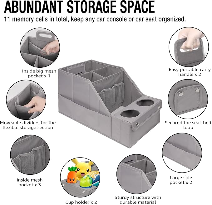 MULISOFT Car Seat Organizer - Backseat Organizer with 11 Storage Compartments and 2 Cup Holders for Travel, Kids | Made from durable Oxford fabric with a waterproof surface, anti-slip buckles, and a foldable design for easy storage.