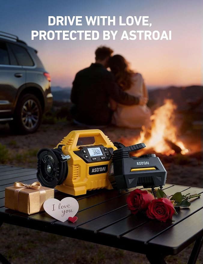 AstroAI AIRUN H1 Tire Inflator Portable Air Compressor,Fast Inflation Electric Air Pump for Car Tires-Car Accessory,9.8Ft Cord-12VDC-Powered Auto Shut-Off with Digital Pressure Gauge,LED Light,Yellow