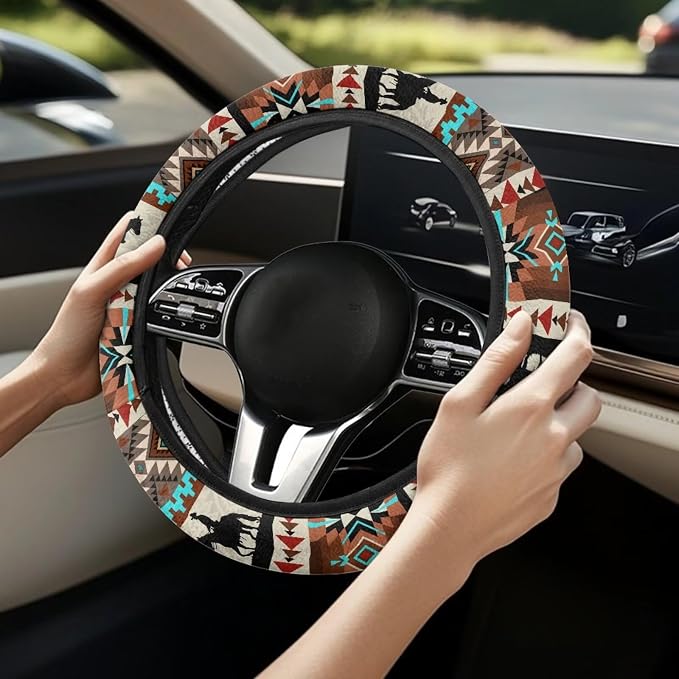 Wanyint Car Steering Wheel Cover, 15 Inch Soft Breathable Steering Wheel Protector for Women Men, Universal Fit for SUV Sedan Van Truck, Aztec Horse Cowboy Cactus