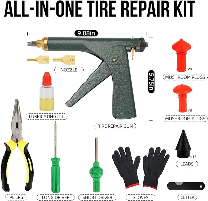 Tire Gun Plug Repair Kit Tire Gun Repair Kit Tire Plug Kit Heavy Duty Professional Car Tire Repair Kit with Plugs Tire Patch Kit Tire Puncture Repair Kit Tire Plug Repair Kit (Green)