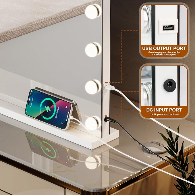 Vanity Mirror with Lights, Bluetooth, 10X Magnifier, 23 x 18 in | 15 LED bulbs, 3 color modes, desk or wall mount, USB charging port