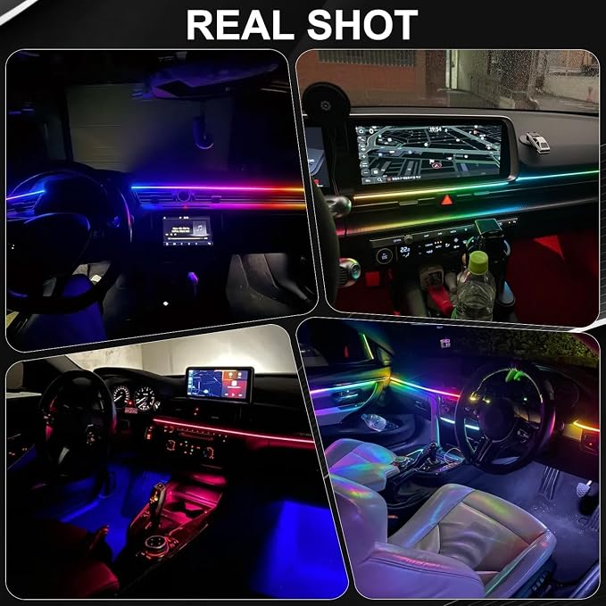 Acrylic Interior Car LED Strip Light with APP Remote Control, 4 in 1 RGB Dreamcolor Neon Flexible Strip Fiber Optic LED Ambient Lighting Kits,RGB Music Lights Sync for Inside car Decorations