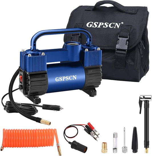 GSPSCN 12V Heavy Duty Tire Inflator Metal Portable Air Compressor Pump | 6X Faster Inflation Double Cylinders 150PSI Air Pump with Adapter for Car, RV,Pickup Truck, SUV, Van,Camper, Air Bed,Ball