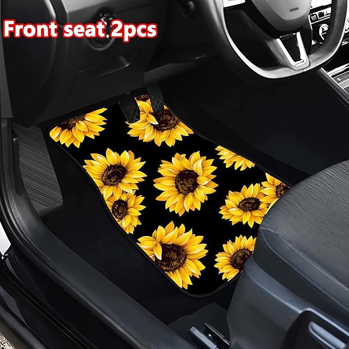 Universal Fit Car Floor Mats Set of 4Pcs, Sunflower Patter All-Weather Front Rear Car Carpet Mats, Non-Slip Car Floor Mat Car Accessories for Automotive Trucks SUV Sedans Vans