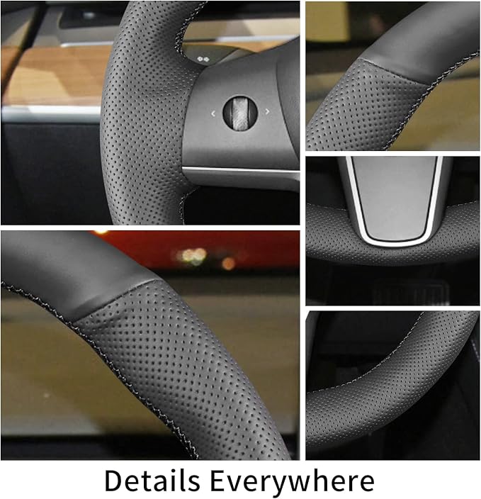 Hand Sewn Steering Wheel Cover,Fit for Tesla Model 3 2017-2023/Model Y 2020-2023,Non-Slip Breathable Microfiber Leather Steering Wheel Cover On Wrap Car Interior Accessories