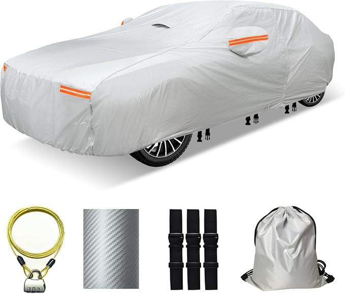 30 Layers Car Cover for Automobiles All Weather Waterproof, Outdoor Snowproof UV Protection Windproof, Door Zipper, Soft Cotton, Heavy Duty Universal Car Covers, (Silver, Fit Sedans 181"-190")