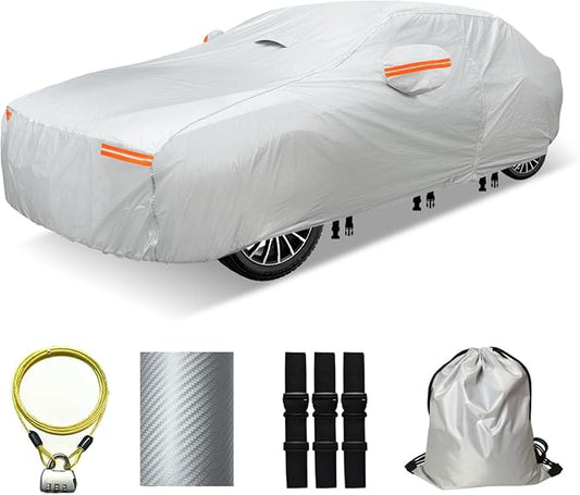 30 Layers Car Cover for Automobiles All Weather Waterproof, Outdoor Snowproof UV Protection Windproof, Door Zipper, Soft Cotton, Heavy Duty Universal Car Covers, (Silver, Fit Sedans 201"-210")