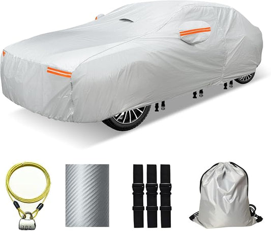 30 Layers Car Cover for Automobiles All Weather Waterproof, Outdoor Snowproof UV Protection Windproof, Door Zipper, Soft Cotton, Heavy Duty Universal Car Covers, (Silver, Fit Sedans 171"-180")