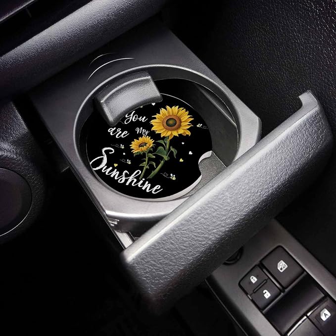 Small Car Coasters for Cup Holders 2.65" Absorbent 6 Pack Car Coaster Ceramic Stone for Drinks Absorb Water Drops You are My Sunshine Sunflower and Bee on Black