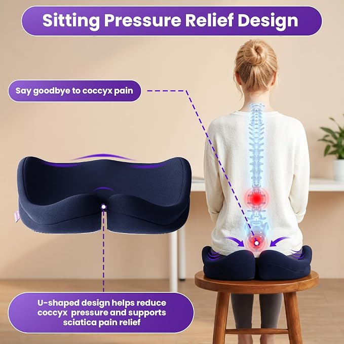 ZZ-WELL Seat Cushions for Office Chairs, Coccyx Cushion for Tailbone Pain, Memory Foam Butt Pillows for Computer Gaming Chair, Patented Pressure Relief Design Chair Cushion (Navy Blue, XX-Large)