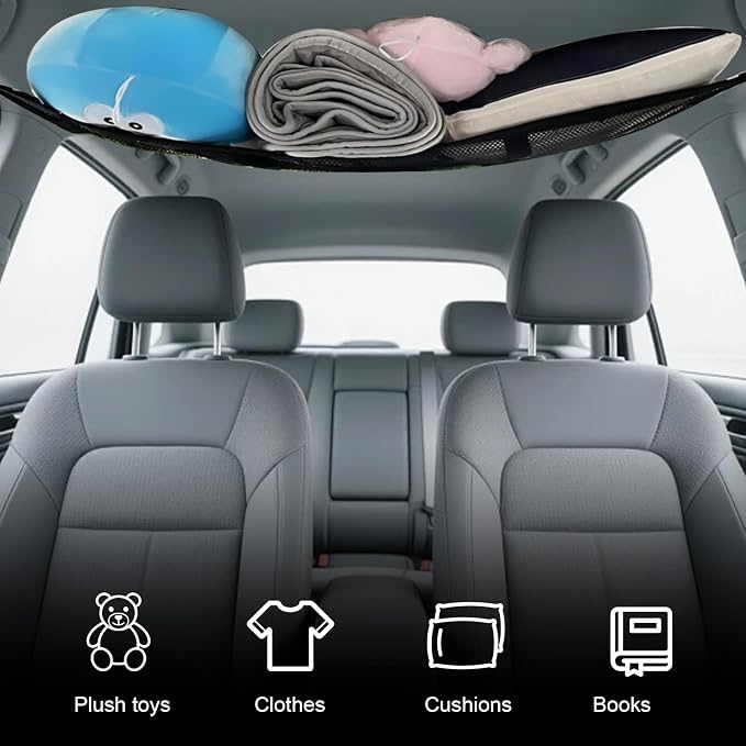 Upgrade Car Ceiling Cargo Net Pocket, 31.5" x 20.87" Strong Load Car Roof Storage Organizer, Double-Layer Mesh Camping Overlanding Gear Must Haves Cargo Net, Universal Road Trip Accessories
