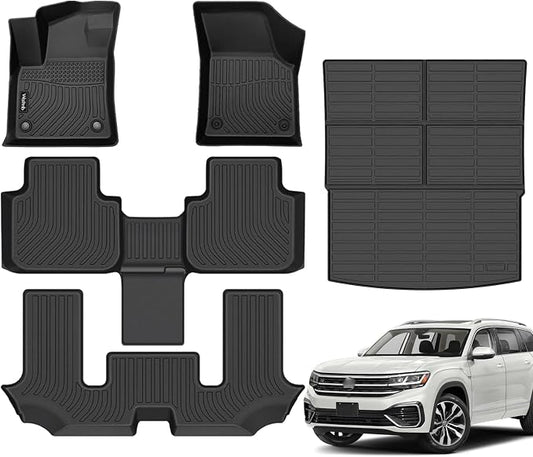 Wailtnb-Floor Mats & Cargo Mat Custom for Volkswagen Atlas 6 Seats Bucket Seating 2026-2018 All Weather Protection Waterproof TPE Rubber Car Floor Liners Full Set 2025