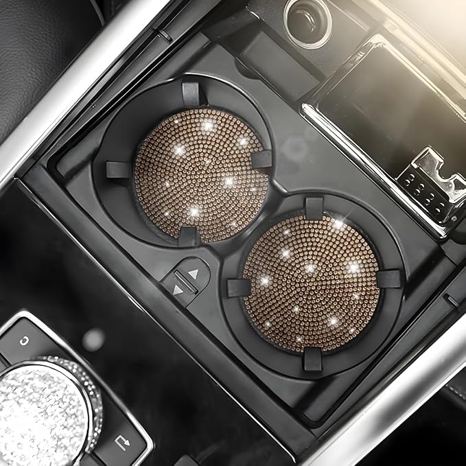 Osilly Bling Car Cup Holder Coaster, Crystal Rhinestone Anti-Slip Insert Coasters, Universal 2.75 Inch Fashion Automotive Cup Mat, Car Interior Accessories Decor Gifts for Women (Golden, 4PCS)