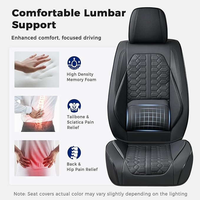 Huidasource Black Front Car Seat Covers, 360° Full Wrap Seat Covers with Lumbar Support, Leather Seat Cushion Covers Protector Fit for Most Cars SUV Trucks, Automotive Seat Covers