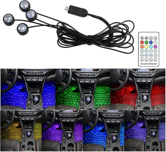 Car Interior LED Lights, 4 in 1 RGB Smart APP & Remote Control Vehicle Under Dash Neon Ambient Lighting with USB Port, Music Sync Auto Footwell Lamp, Universal for Truck SUV Sedan