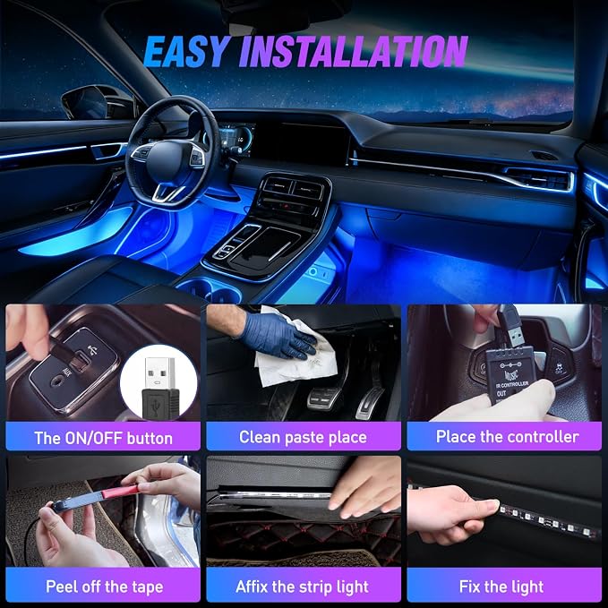 Nilight 48 LEDs DC 5V Multicolor Music Car Strip Light Under Dash Lighting Kit with Sound Active Function and Wireless Remote Control, 2 Years Warranty, 4PCS USB Interior Lights