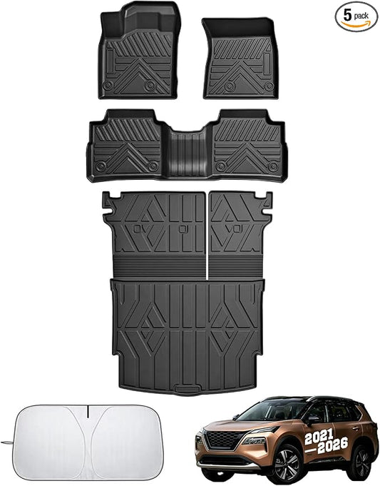 Floor Mats for Nissan Rogue 2021-2024 2025 2026(Not for Sport),All Weather Protection Custom Floor Mats Trunk Cargo and Car Windshield Cover Set for Nissan Rogue Accessories,Car Floor Liners