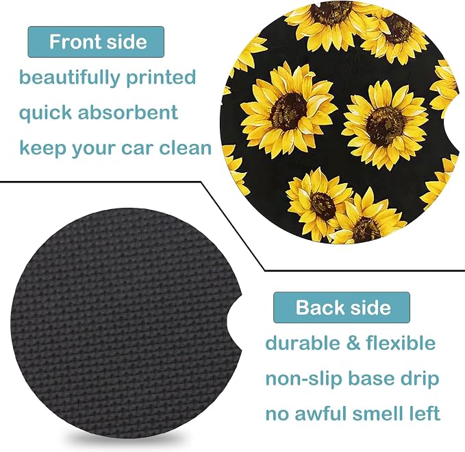 2 PCS Sunflower Leopard Car Cup Holder Coasters Universal Neoprene Coasters | 2.75" Universal Size Anti Slip Rubber Mat, Auto Cup Holder Decor for SUV Truck,Sunflowers Gifts for Women Mom Her Wife