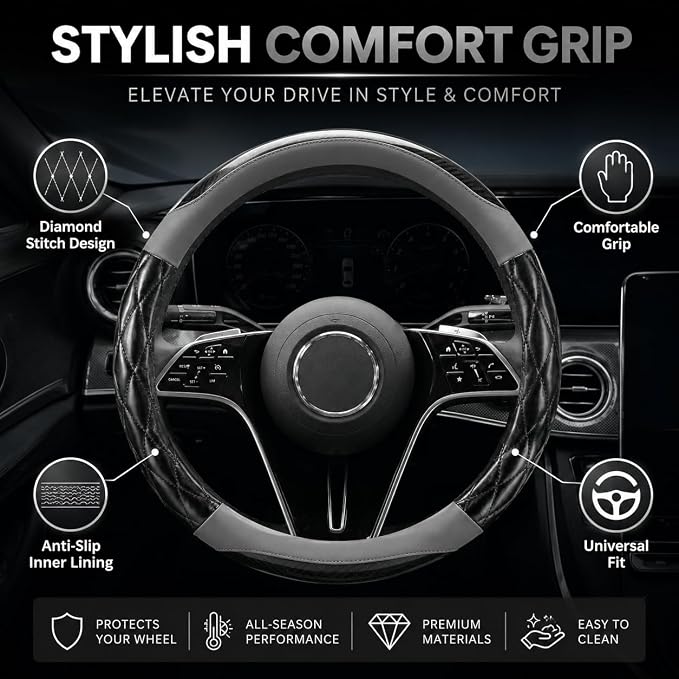 14.5-15 Inch Leather Steering Wheel Cover with Soft Padded Lining, Anti-Slip Comfort Grip, Universal Steering Wheel Protector for Most Cars, SUVs, Trucks (Grey)