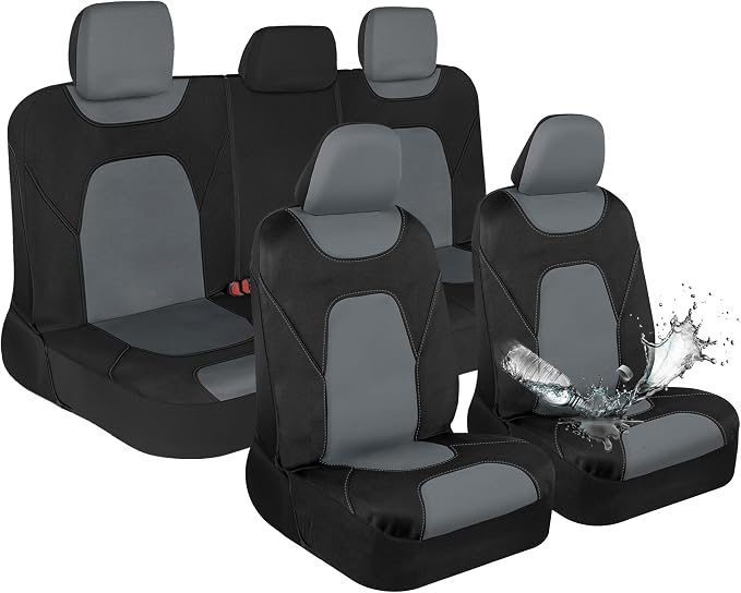Motor Trend Waterproof Car Seat Covers Full Set – Black & Gray Seat Covers for Car Front & 60/40 Split Back Bench - Carseat Cover for Trucks, SUV - Universal Fit for Most Regular Size Vehicles