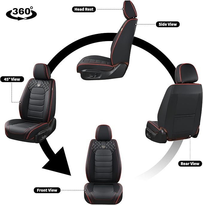 FLORICH Seat Covers Full Set,Leather Seat Covers, Front and Rear Seats Cover 5 Seats, Waterproof Car Seat Cushion Protector Accessories for Sedan SUV Pick-up Truck(Black&Red line, Full Set)