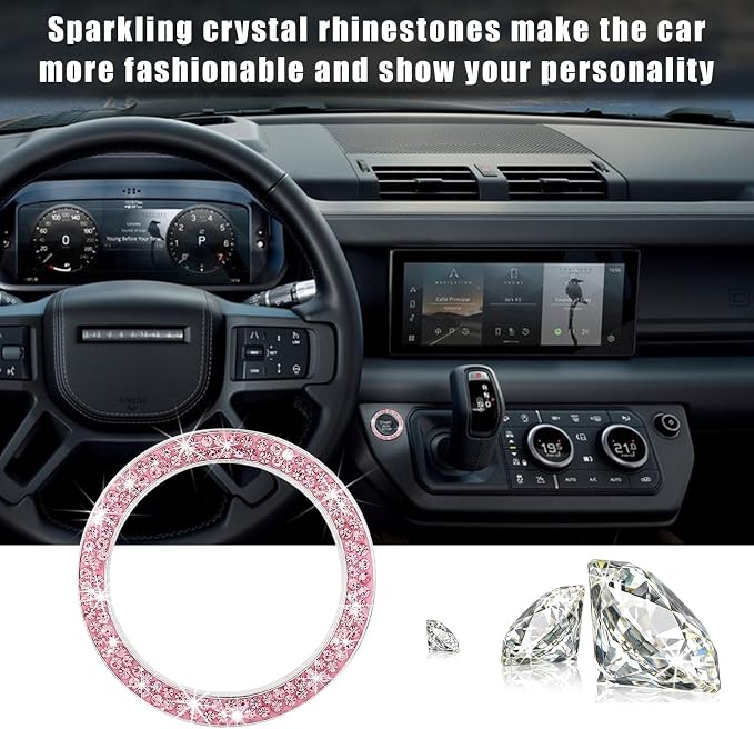 Kewucn Bling Crystal Double Rhinestone Car Engine Start Decoration Ring, Sparkling Push Start Button Sticker, Key Ignition & Knob Ring Decoration, Bling Car Interior Accessory(Pink)