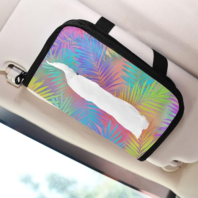 Car Tissue Holder Car Napkin Holder Tissue Box Dispenser Storage Case Sun Visor Mask Holder Accessories with Adjustable Straps Reusable Refillable Rainbow Palm Leaf Vibrant Tropical