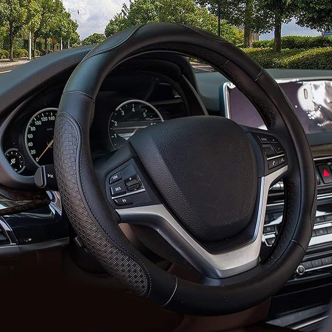 Valleycomfy Leather Steering Wheel Covers Universal 15 inch -Breathable, Anti Slip & Odor Free (Black with Black Lines,M(14" 1/2-15" 1/4))