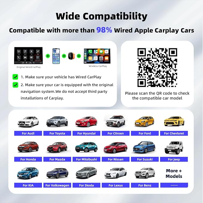 【2026 Upgarded】 Wireless CarPlay Adapter for iPhone, Mini USB Design for Cars with Wired CarPlay, Fast Connection,5.8GHz WiFi, Compatible with iOS 10+ & iPhone 6+, USB/Type C,Plug and Play（Orange）
