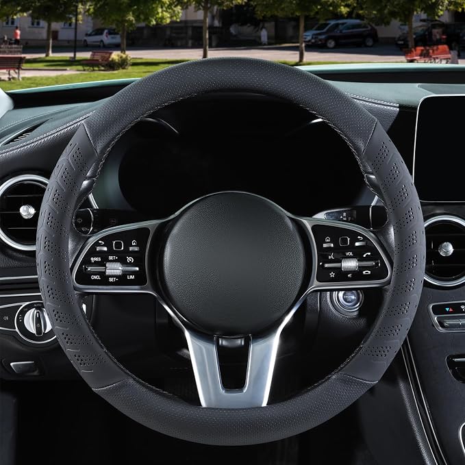 3D Slim Soft 16 inch Leather Steering Wheel Cover Black | Breathable Anti-Slip Premium Skin-Feel Perforated Thin Nappa Leather, Large 15.5 inch to 16 inch