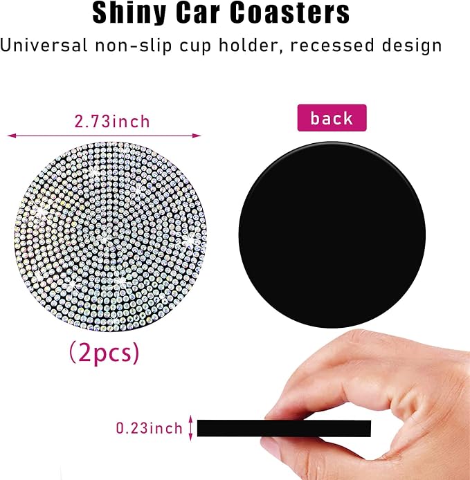 Ziciner 2PCS Bling Car Cup Holder Coaster, 2.73 Inch Anti-Slip Cup Insert Coasters, Crystal Rhinestone Auto Drink Cup Mat, Universal Interior Decor Car Accessories for Women Girls (AB)