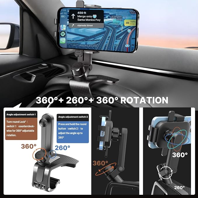 Universal Car Phone Holder Mount, 2026 Upgrade 360 Degree Rotation Multifunctional Phone Clip Design, Dashboard Cell Phone Stand for 4 to 7" Smartphones (Black)