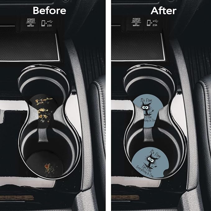 Car Coasters for Cup Holders - I'm Fine Funny Cat | 2 Pack Anti Slip Universal Rubber Car Cup Coaster for Women Men, Car Interior Accessories